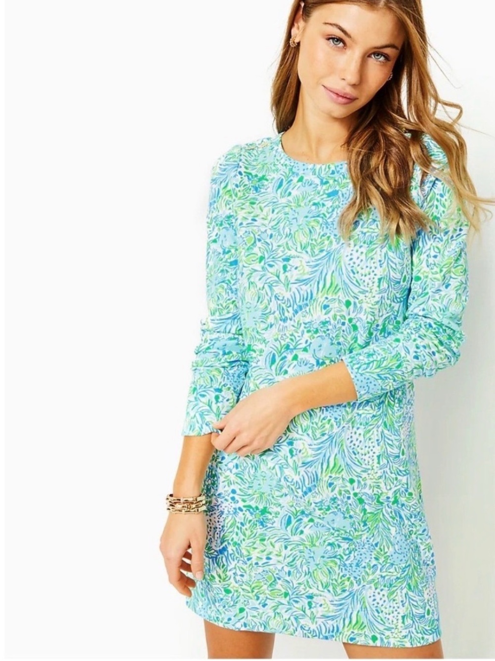 Lilly Pulitzer Kenley Long Sleeve Crewneck Dress Hydra Blue Dandy Lions Gold XL